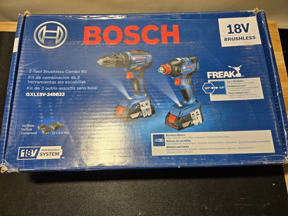 NEW Bosch 18-volt 2-Tool Brushless Power Tool Combo Kit, Soft Case (2-Batteries & Charger Included)