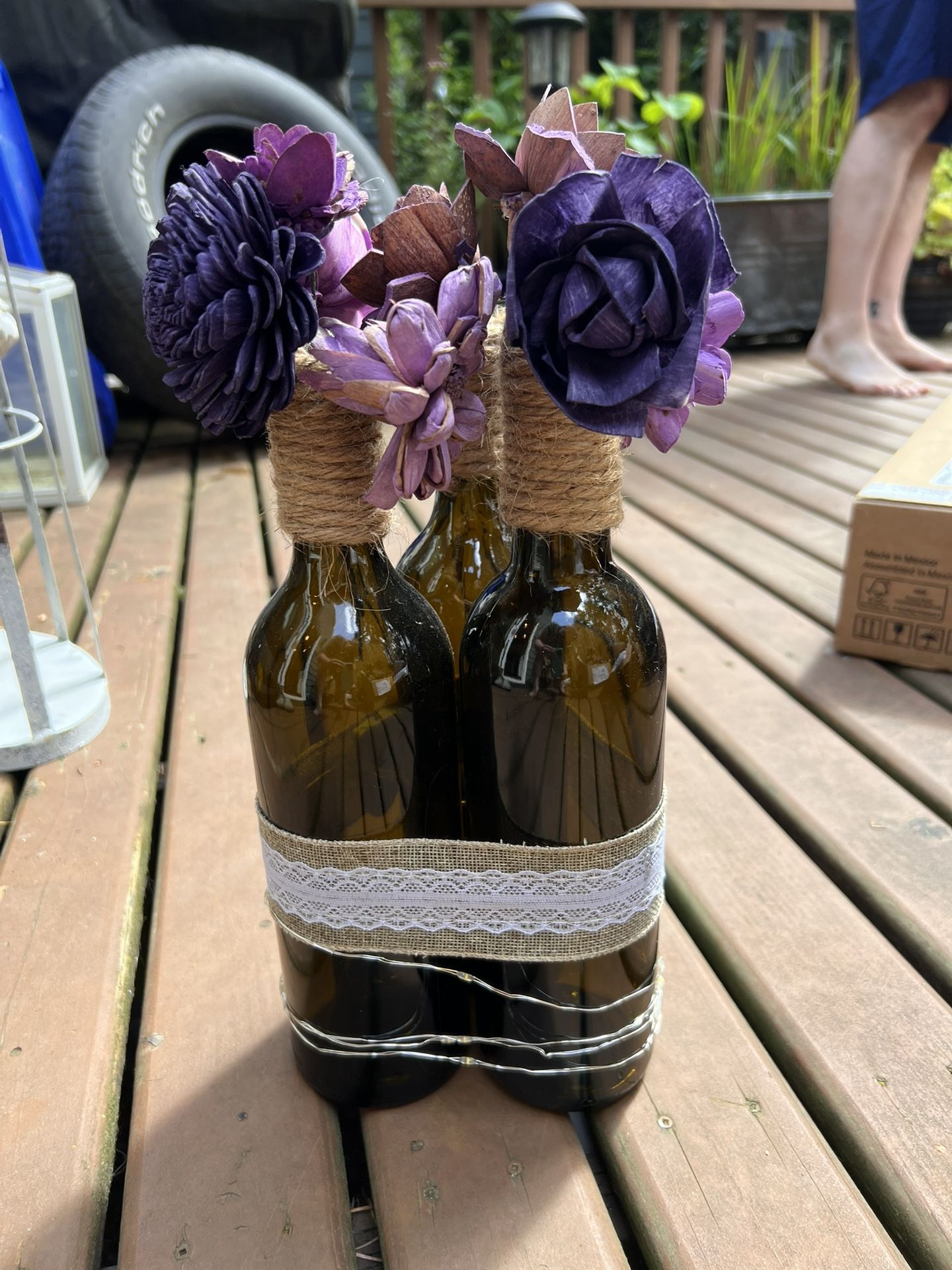 Wood flower burlap fairy light wine bottle center pieces