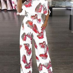 Off Shoulder Ruffled Short-sleeved Printed Wide Leg Jumpsuit