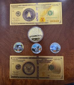 Military Collectible Coins and Gold Foil Novelty Bills Set