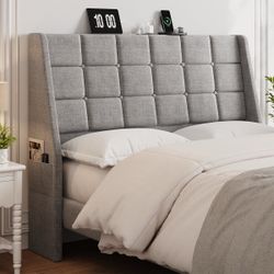 Ergonomic Upholstered Wingback Headboard With USB Charging Station And Storage Pockets, Tufted Linen, Bed Frame Compatible Queen size
