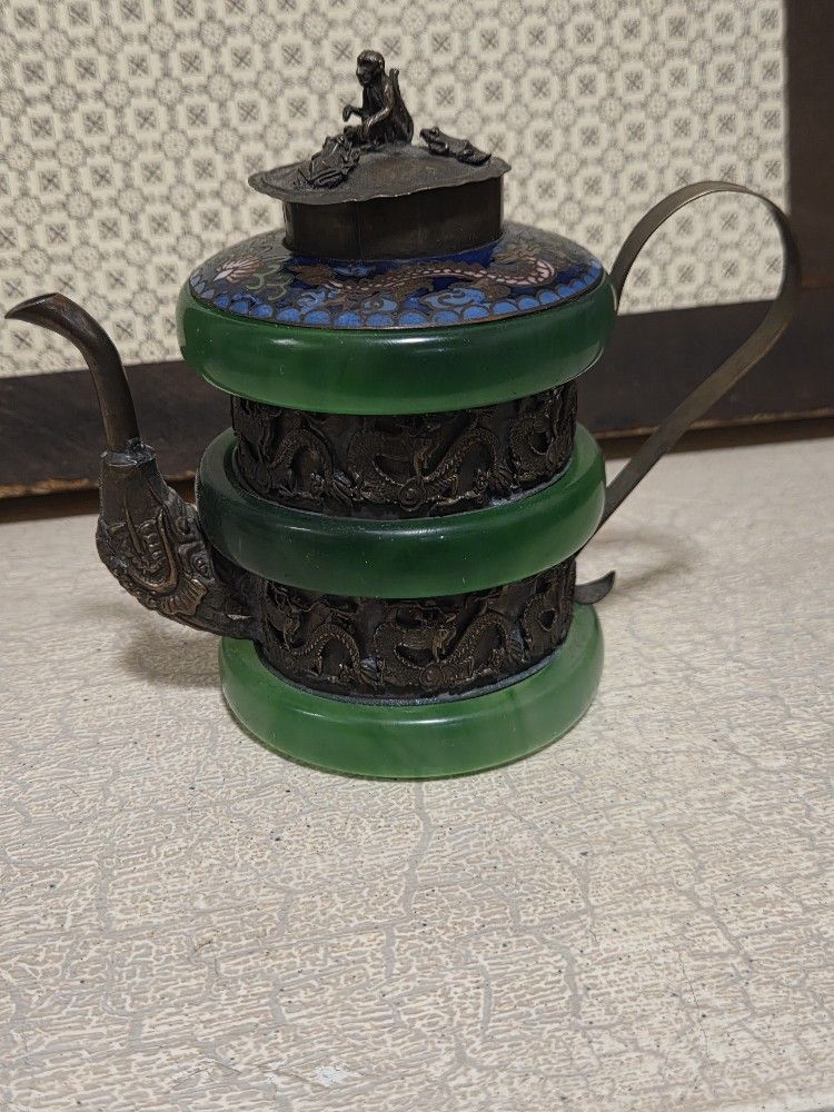 Vintage Republic Of China Jade Cloisonne And Silver Plated Teapot