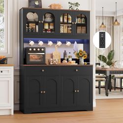 71" LED Kitchen Pantry Cabinet with Power Outlet, Large Kitchen Hutch Cabinet with 2 Storage Drawers & Arched Door, Countertop & Hooks, Tall China Bar