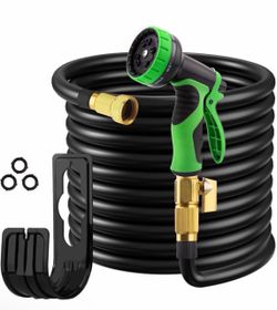 50FT Garden Hose with 10 Functions Spray Nozzle, Black Lightweight Water Hose, 3/4'' Heavy Duty Brass Fittings, Rust Proof, Kink-Free Water Pipe for Y