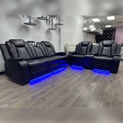 2PC LED Leather Power recliner sofa set Four recliner seats