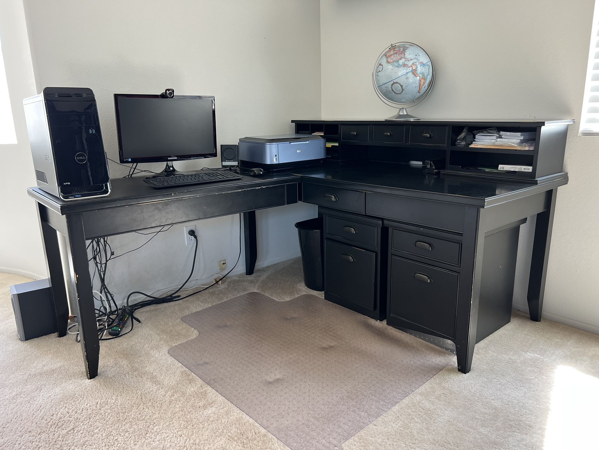 Black L-shaped Desk and 2 File Cabinets