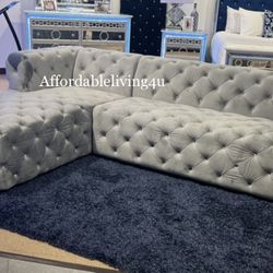 Grey Tufted Velvet Sectional Brand New In Box 