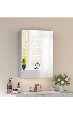 New in the box Pixioes 14x18 Frameless Aluminum Medicine Cabinet - Sleek Silver, Fully Assembled & Wall-Mounted - Modem Farmhouse Bathroom Storage wit