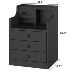 🥨1Pcs Black Nightstand with Charging Station 3 Drawers, Wood Sofa End Side Table with USB Ports and Outlet, Bedside Table Bedroom Nightstand