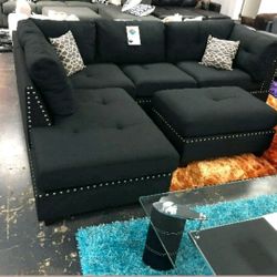 Brand New Black Linen Sectional Sofa +Ottoman (New In Box) 