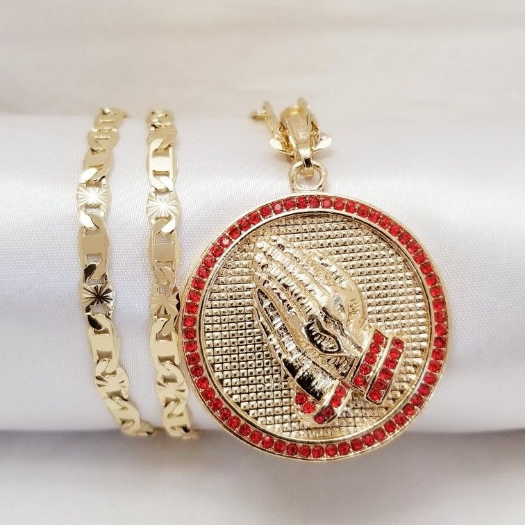 Praying Hands π Men's Necklace. Red. 14K Gold Plated. New