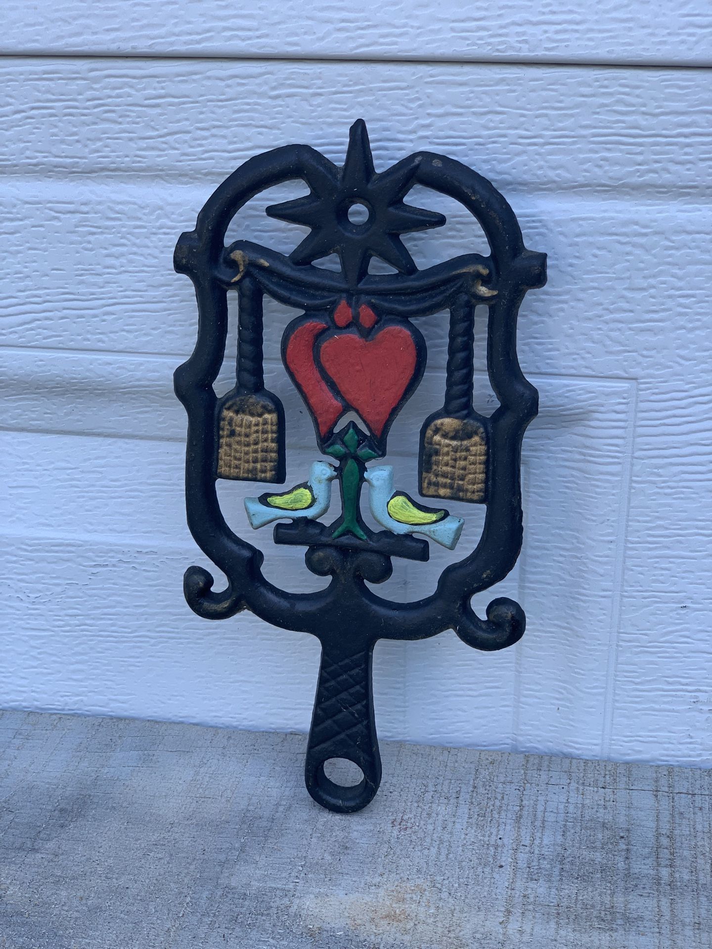 Wilton Pennsylvania Dutch Painted Hearts & Doves Cast Iron Trivet