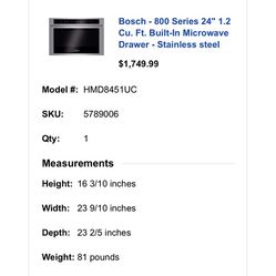 Bosch 800 microwave Drawer. Brand New