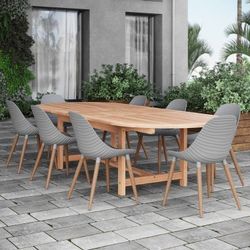 *BRAND NEW* 9 Piece Oval Extending Table 100% FSC Certified Teak Wood For Outdoor With Resin Grey Chair Dining Set
