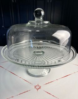 VTG Anchor Hocking Glass CANTON Cake Stand Cover w/ 10”Dome/ 12”Pedestal-NICE!