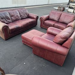 4 Pieces Real Leather Living Room Set, Sofa, Loveseat, Armchair and Ottoman 