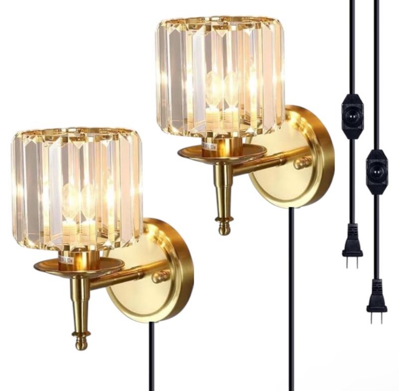 Set of Two Crystal Wall Sconces with dimmer, cord and plug in , gold