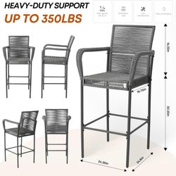 Outdoor Bar Stools Set of 2, Patio Bar Chairs with Armrests and Backrest Wicker Rattan Light Gray)