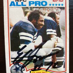 Autographed Ed Too Tall Jones Dallas Cowboys 1981 & 1982 Topps Football Cards. Hand signed in person at a shoe store opening in Virginia Beach in the 