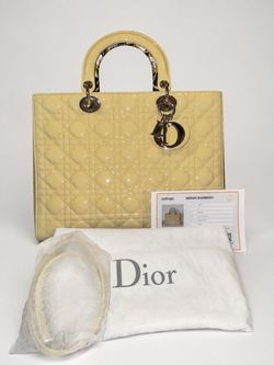 Authentic Dior Lady Dior Large Patent Leather Bag w/ Strap, Dust Bag & Entrupy