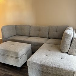 Grey Boucle Sectional Couch & Ottoman Delivery Available 🚚