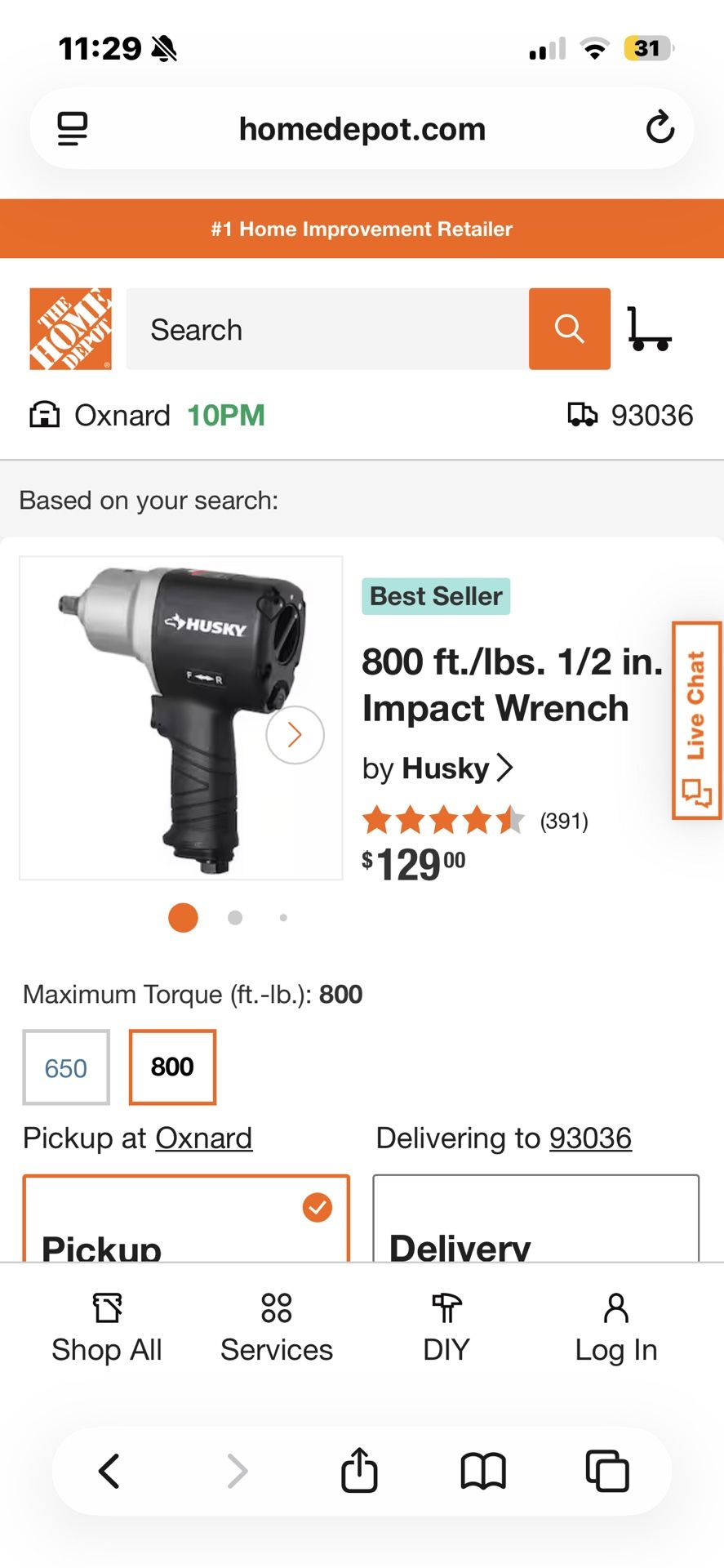 Husky 1/2 Impact Wrench 800ft/lbs