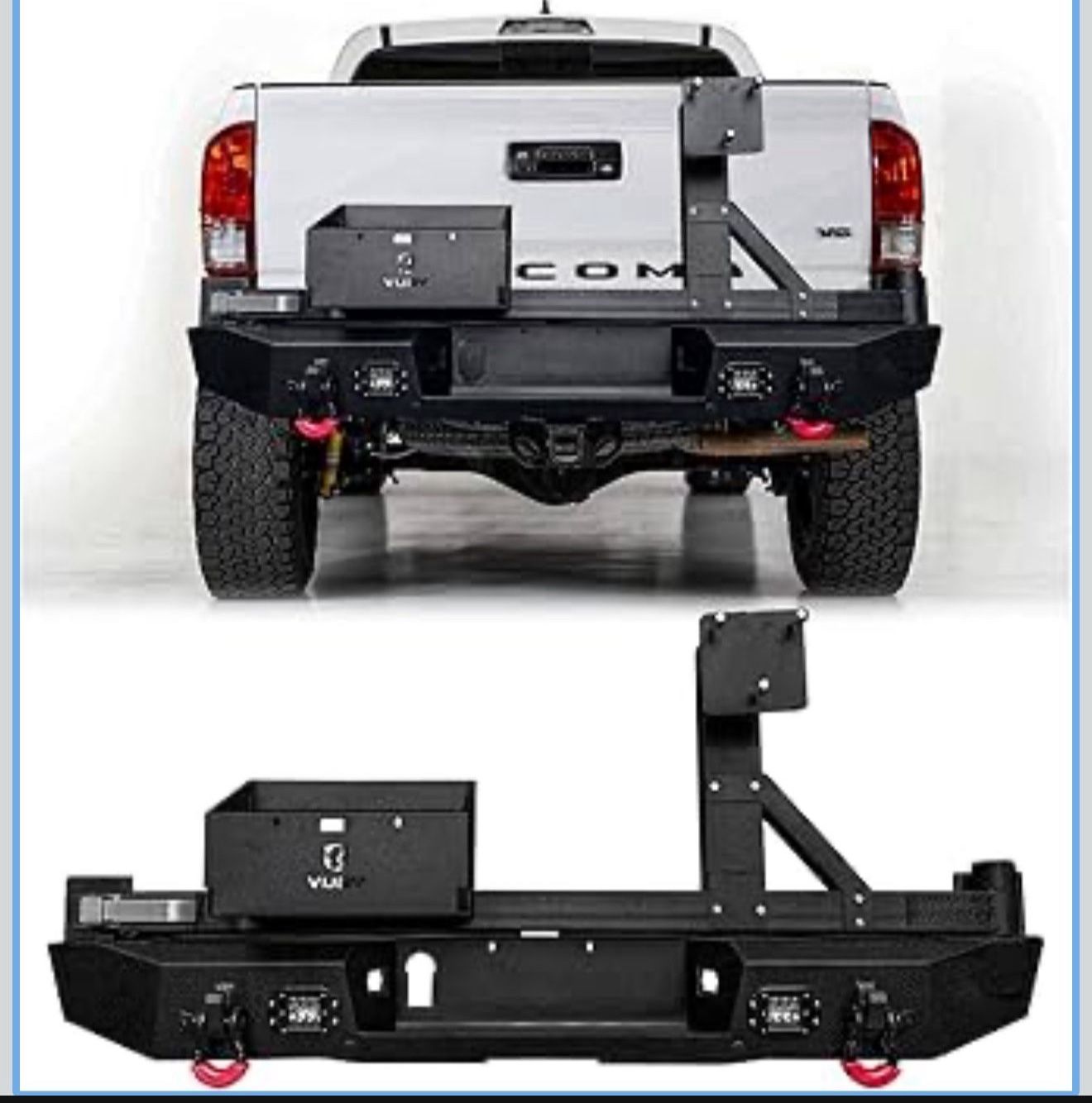 For 2016-2023 Tacoma Black Powder Coated Steel Rear Bumper With Spare Tire Carrier&Sensor holes&D-Rings TA-HG04