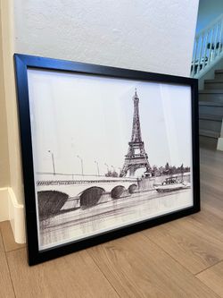 32x25 Glass Framed Matte Black and White Cathedral of PARIS Eiffel Tower Charcoal Pencil Artwork