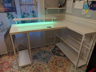 L shape corner computer /study desk with shelves, charging station and led lights, white wood/metal