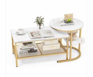 Gymax 31.5 in. in Gold Rectangle Marble Coffee Table Set of 2 with Storage Shelf