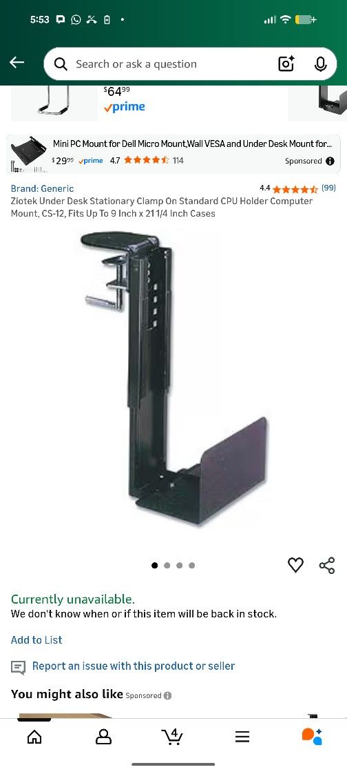 Ziotek Under Desk Stationary Clamp On Standard CPU Holder Computer Mount, CS-12