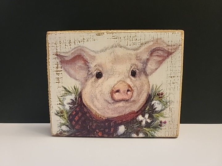 PRIMITIVES by Kathy "Farm Christmas Pig" Wooden Box Sign Shelf-Sitter Tray Decor