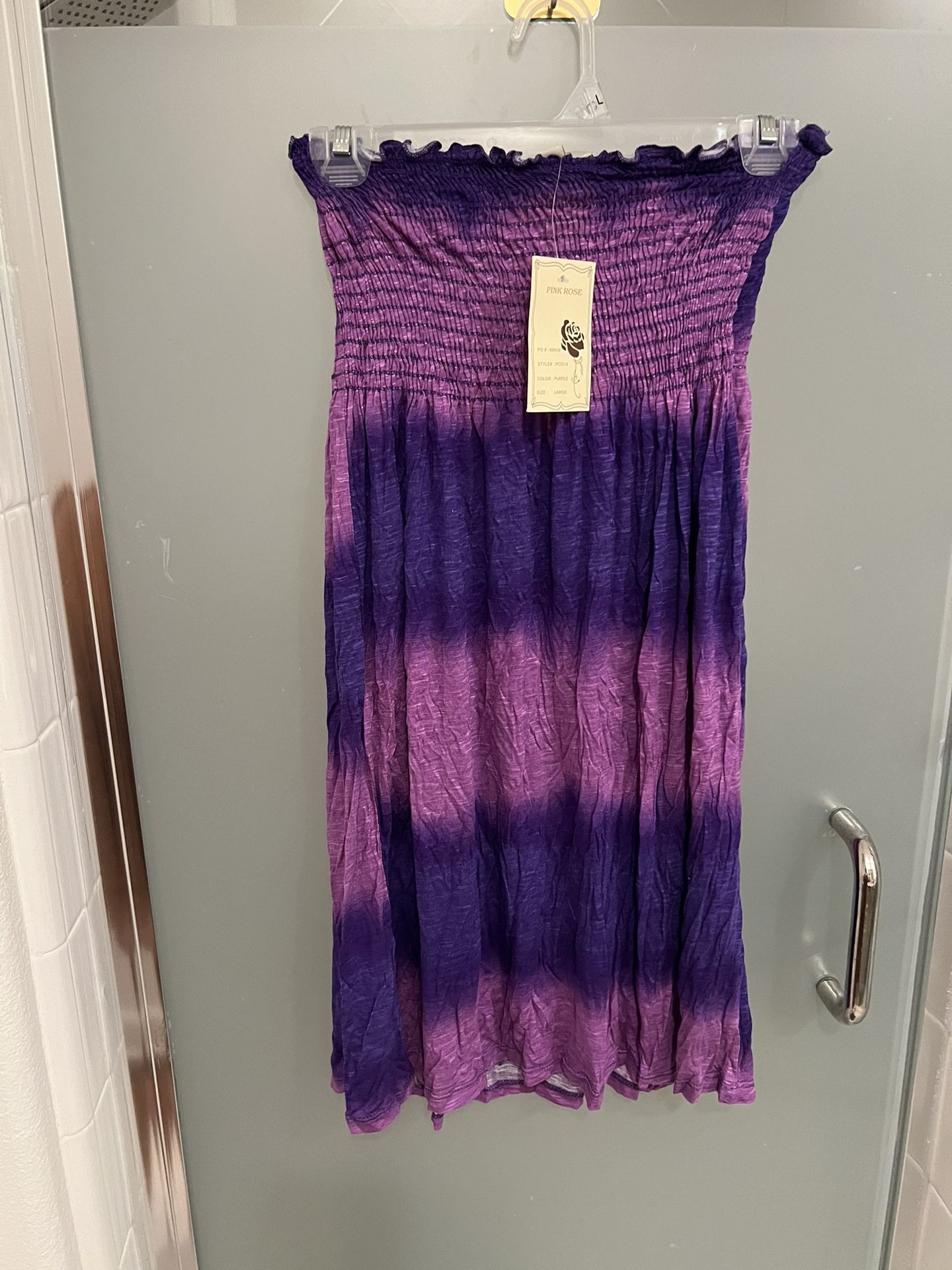 New Purple Tie Dye Stripe Strapless Smocked Dress
