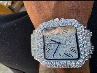 Iced Out Santos-Style Watch Silver Tone