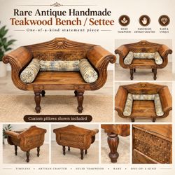 Rare Antique Handmade Teakwood Bench / Settee – Hand-Carved Statement Piece