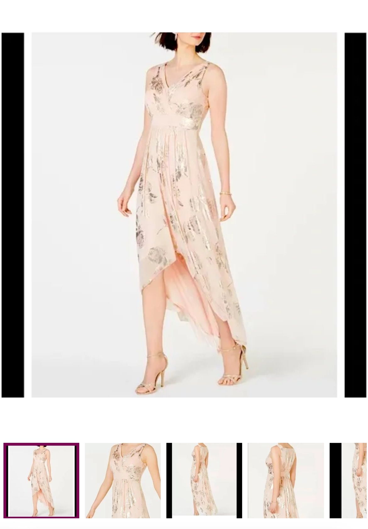 Women’s formal dress | Jessica Howard A-line high low gold, blush pink gown.