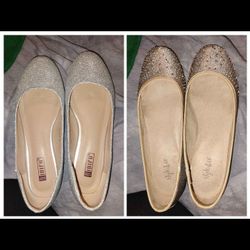 One pair of sparkly silver and one pir sparkly gold flats 7.5
