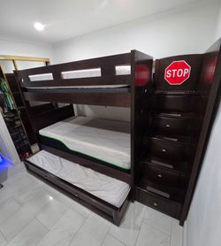 Rooms To Go Twin Bunk Bed with Trundle, Storage Stairs & 3 Mattresses