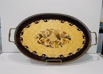 Vtg 1950’s Italian Marquetry Wooden Serving Tray Brass Ornate Handles & Edge 21”.