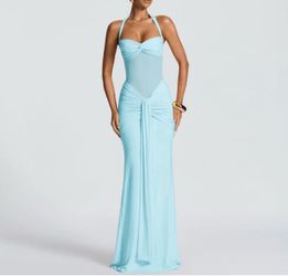 Light Blue Halter Neck Ruched Maxi Dress