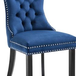 High Back Velvet Navy Tufted Upholstered Dining Chairs Solid Wood - Nail Trim, Ring