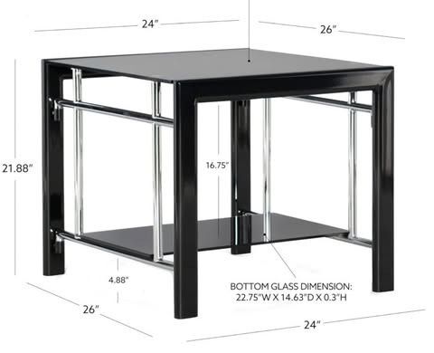 NEW Powell Saroyan Modern End Table, Black Tempered Glass and Chrome Metal