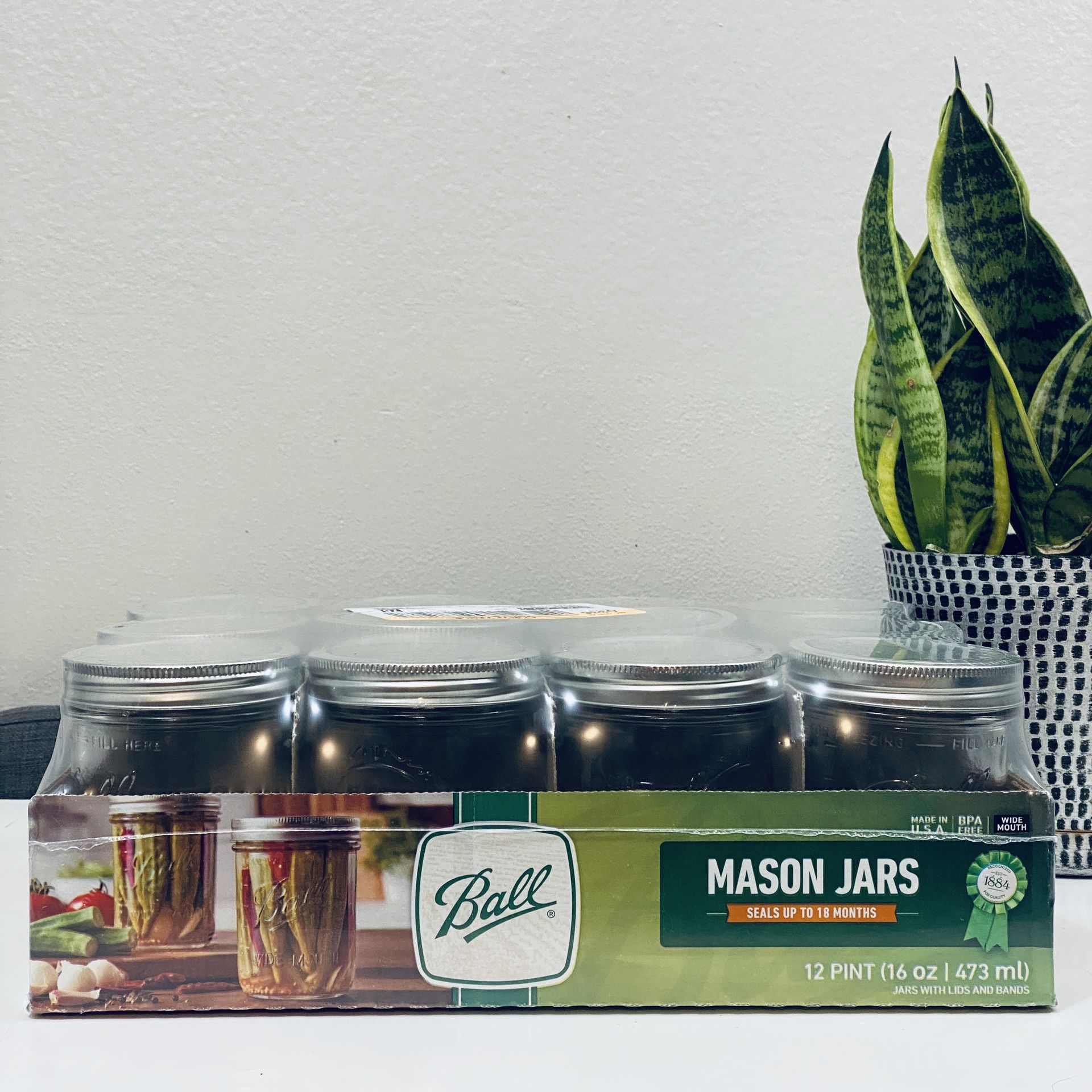 Ball 16oz Wide Mouth Pint Canning Mason Jars, Lids & Bands Clear Glass, 12 Pack