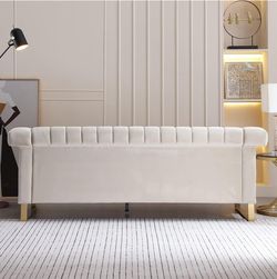 Brand new Beige Velvet Couch Sofa, 84 Wide Mid-Century Modern Love Seat Tufted Chesterfield Velvet Sofa Loveseat Futon with Curved Arm Gold Leg, 3 Sea