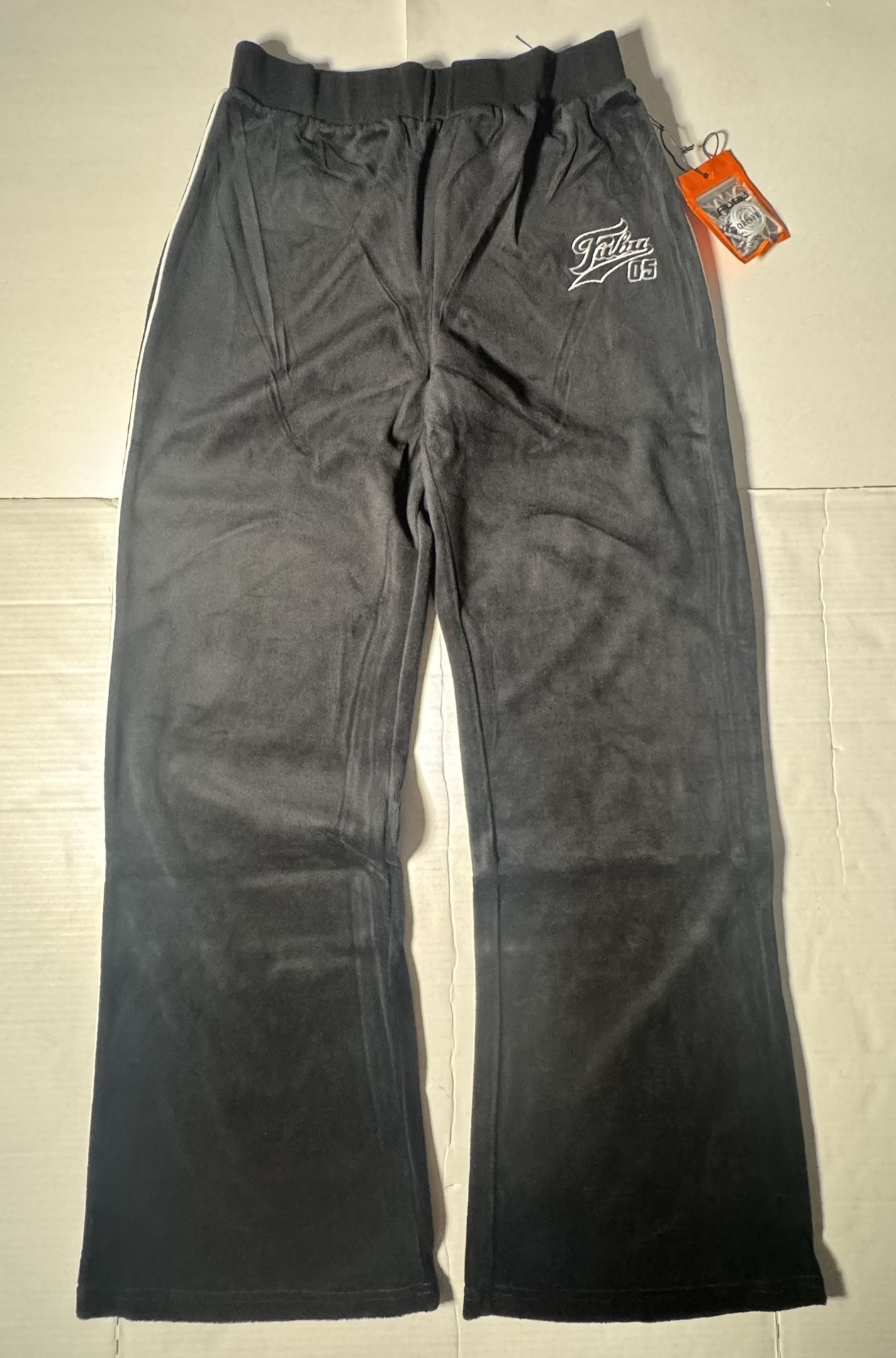 NWT  FUBU Forever 21  Polycotton Microfiber Towel Flare Sweatpants  Embroidered  Black White Women  Size Medium