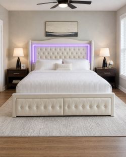 Kaliya Queen Cream Velvet Upholstered Platform Bed with LED Lighting