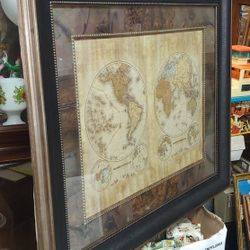 LARGE FRAMED DOUBLE GLOBE MAP