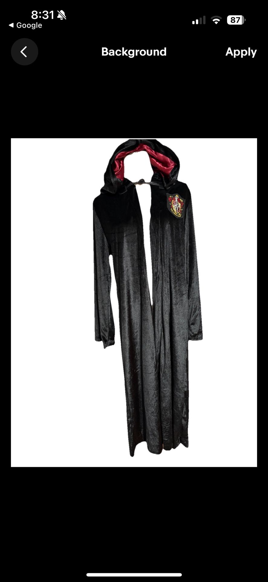 Harry Potter Gryffindor  Velvet Black hooded Robe Red Satin Lining Cosplay Adult O/S, one size. Unisex woman or men’s, 100% polyester. RN#55219, made 