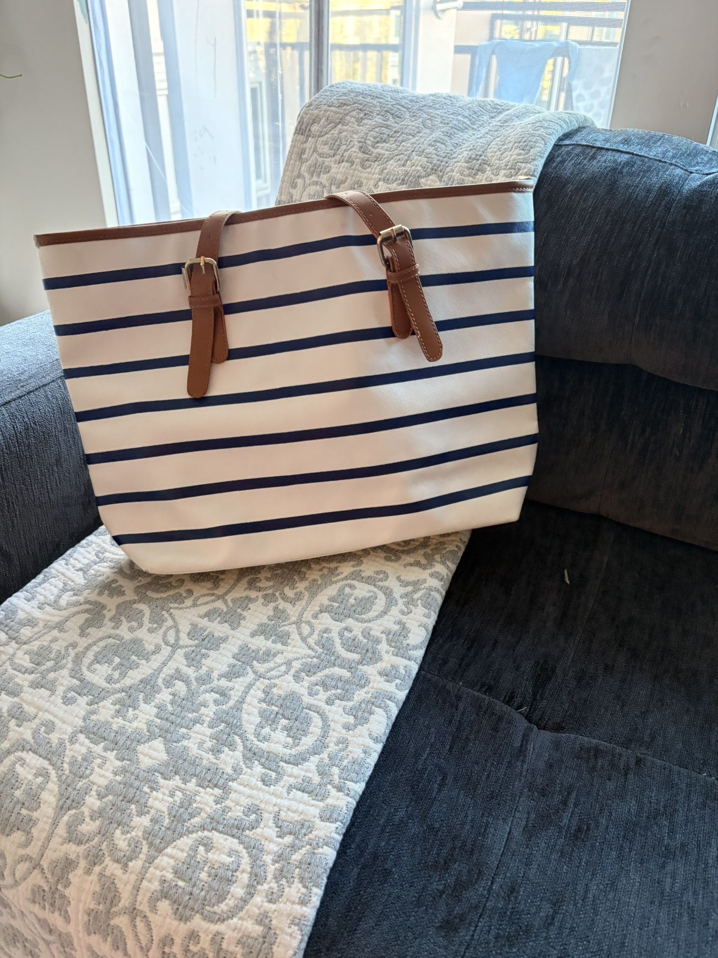 Navy Blue And White Stripes Tote Bag