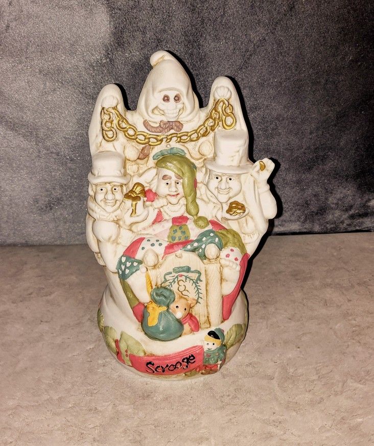 VINTAGE 1991 GINY INC. SCROOGE "A CHRISTMAS CAROL" PORCELAIN MUSIC BOX HAND-PAINTED FIGURINE SCROOGE SURROUNDED BY CHARACTERS FROM THE CLASSIC STORY